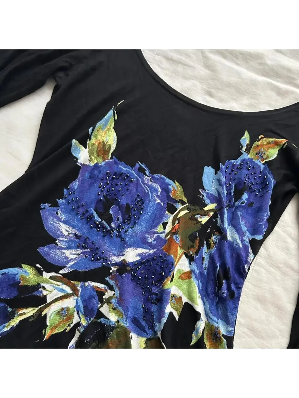 Y2K Cache Black Blue Rose Floral Beaded Off Shoulder Top Large - Picture 2 of 5